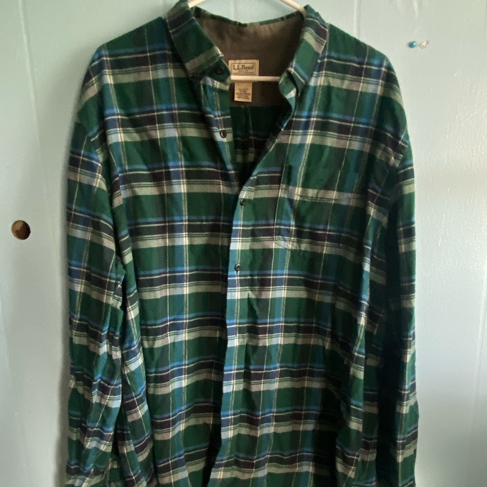 L.L. Bean Green and Navy Plaid Button-Down Shirt